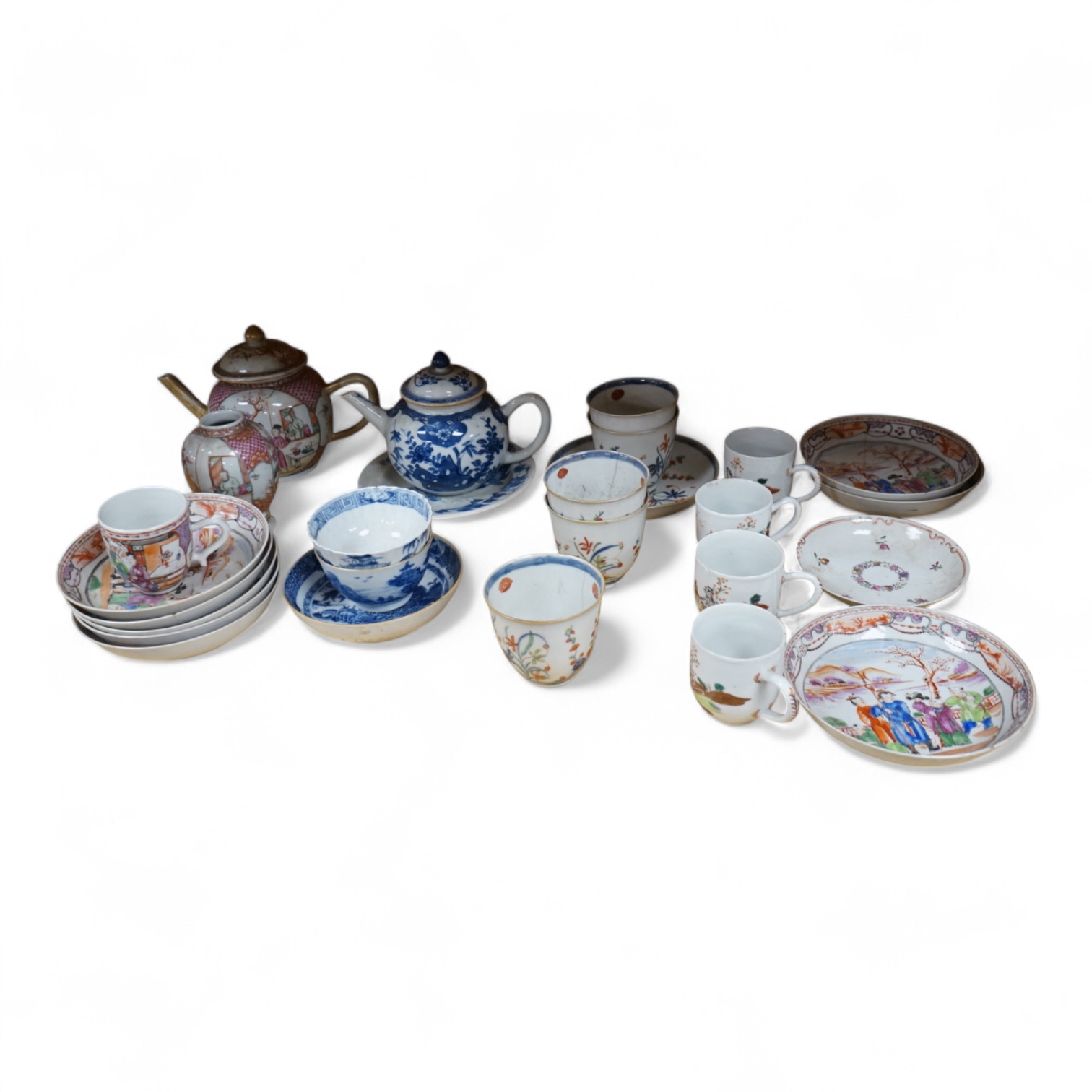 A group of 18th century Chinese export porcelain tea and coffee ware, including Mandarin pattern teapot and cover, two coffee cups and saucers, a blue and white teapot and cover various famille rose coffee cups, etc.